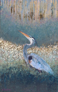 Painting of a heron on a textured multi-colored background with gold leaf accents.