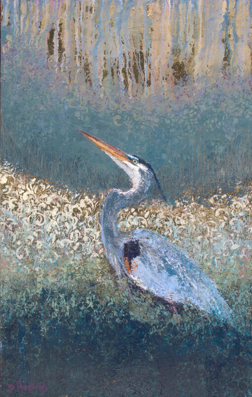 Painting of a heron on a textured multi-colored background with gold leaf accents.