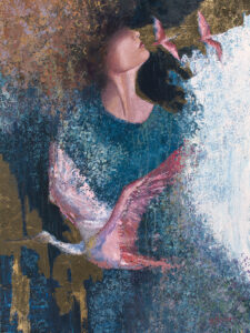 Painting of a woman with textured layers over her and multiple pink birds flying. Gold leaf accents.