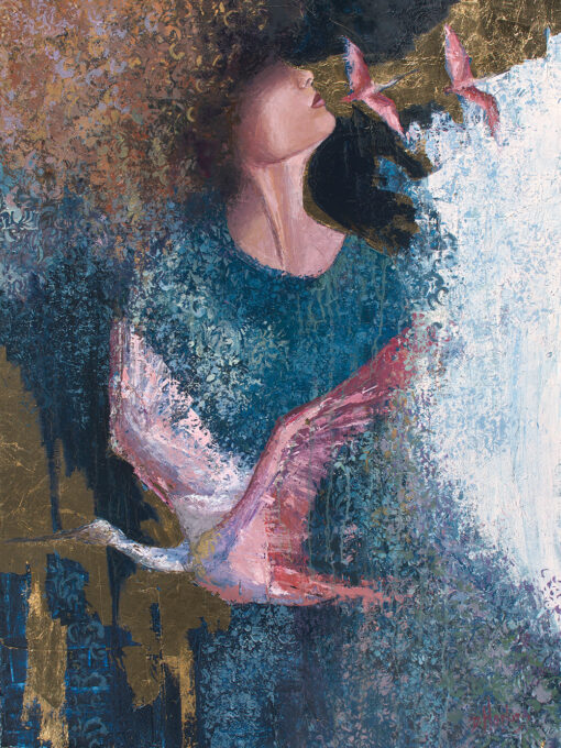Painting of a woman with textured layers over her and multiple pink birds flying. Gold leaf accents.