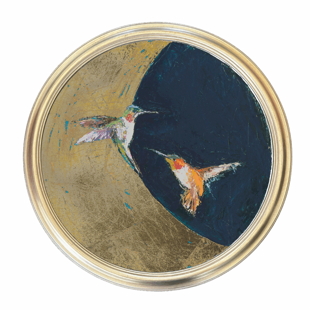 Circle painting of two birds on dark blue and gold leaf background.