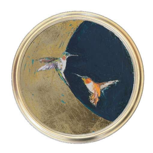 Circle painting of two birds on dark blue and gold leaf background.