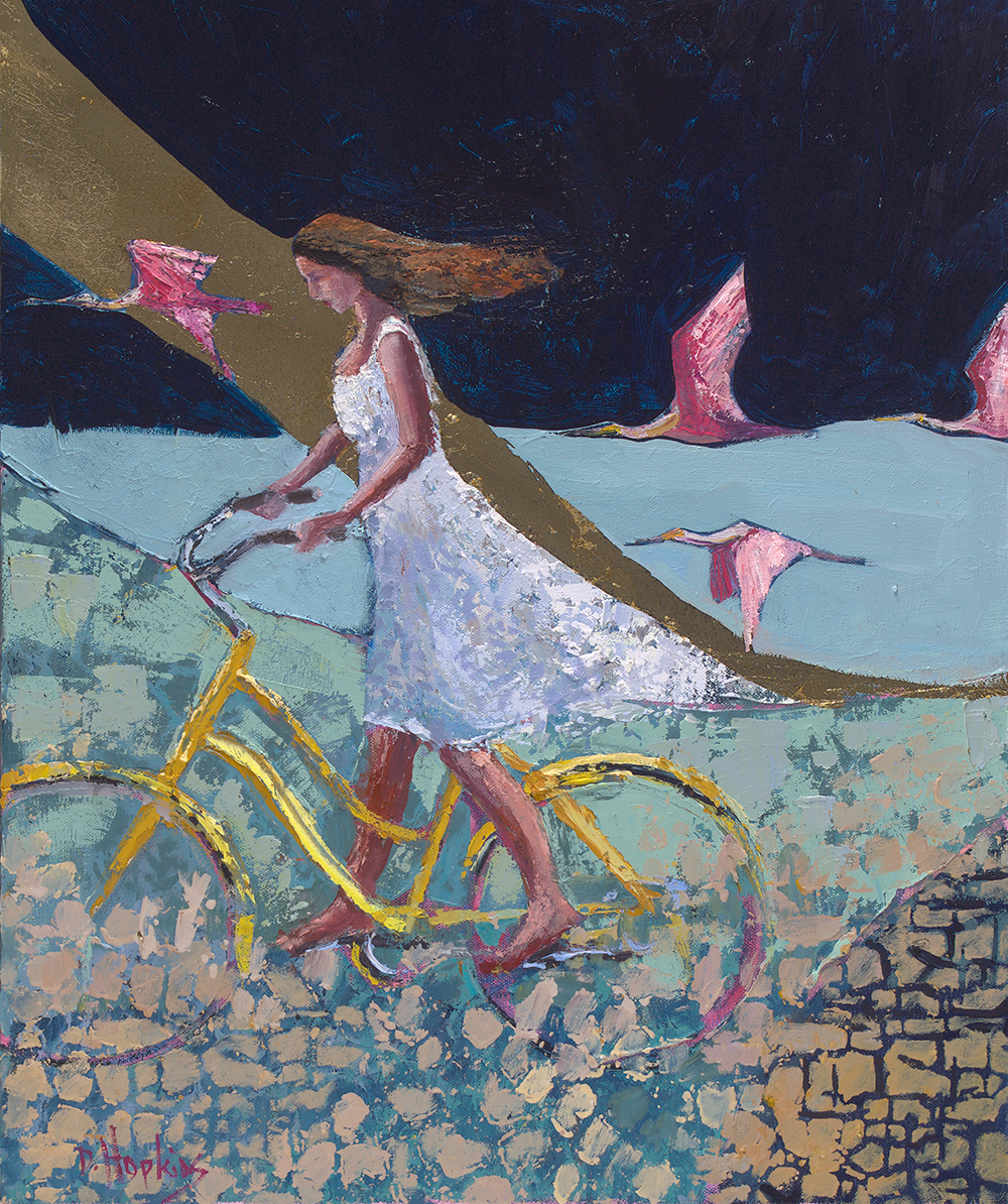 Woman with Bike on textured background with dark blue, light blue, and gold leaf. Pink Birds fly around her.
