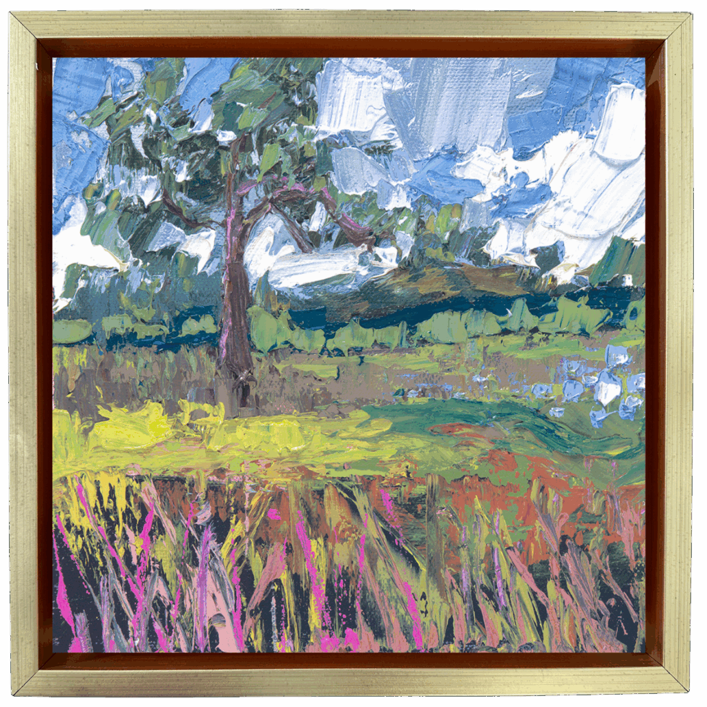 palette knife landscape oil painting with thick textures and bold colors of a tree in a field