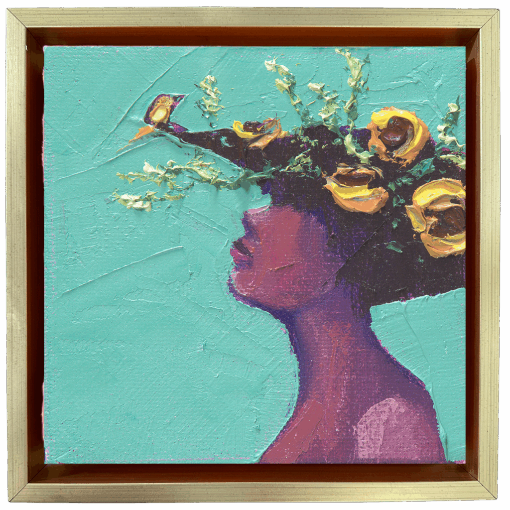 “Original figurative painting of a woman in profile with a small bird resting in her hair, symbolizing creative inspiration and the muse”