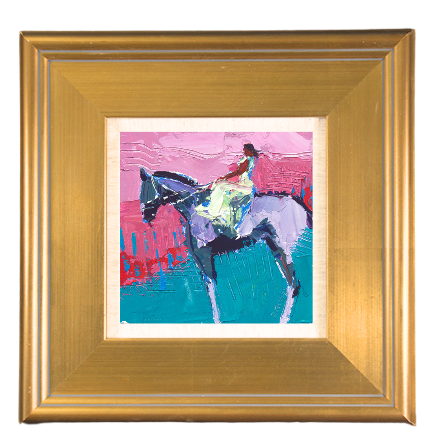 On a High Horse, original 6x6 acrylic horse painting showing a rider perched high above the ground, painted in expressive pinks, teals, and layered texture.