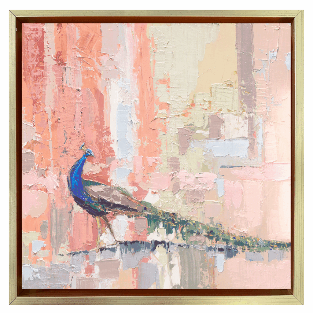 Abstract palette knife painting of a peacock walking lightly across a textured pastel background, symbolizing confidence, return, and artistic rediscovery.