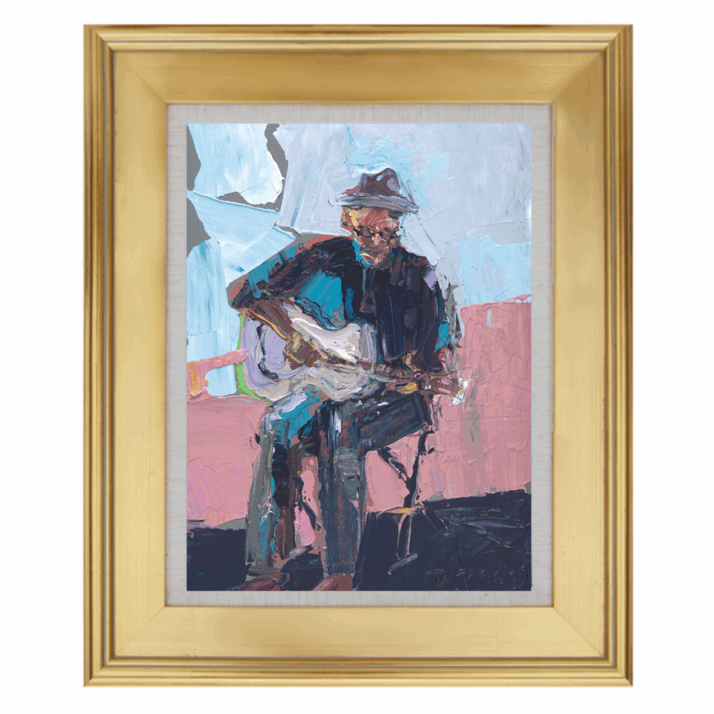Original figurative painting of a blues musician holding a guitar, painted in expressive oil and acrylic during a daily painting practice.