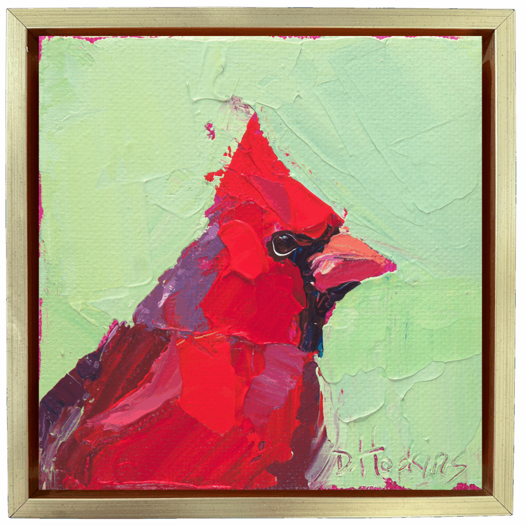 Textured acrylic cardinal bird painting made with a palette knife on a soft green background