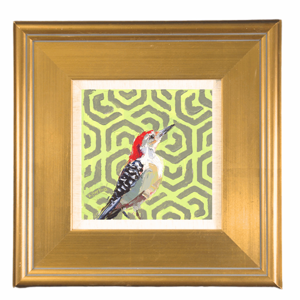 Red-bellied woodpecker painting with raised head and bold posture against a geometric green patterned background, original acrylic bird artwork