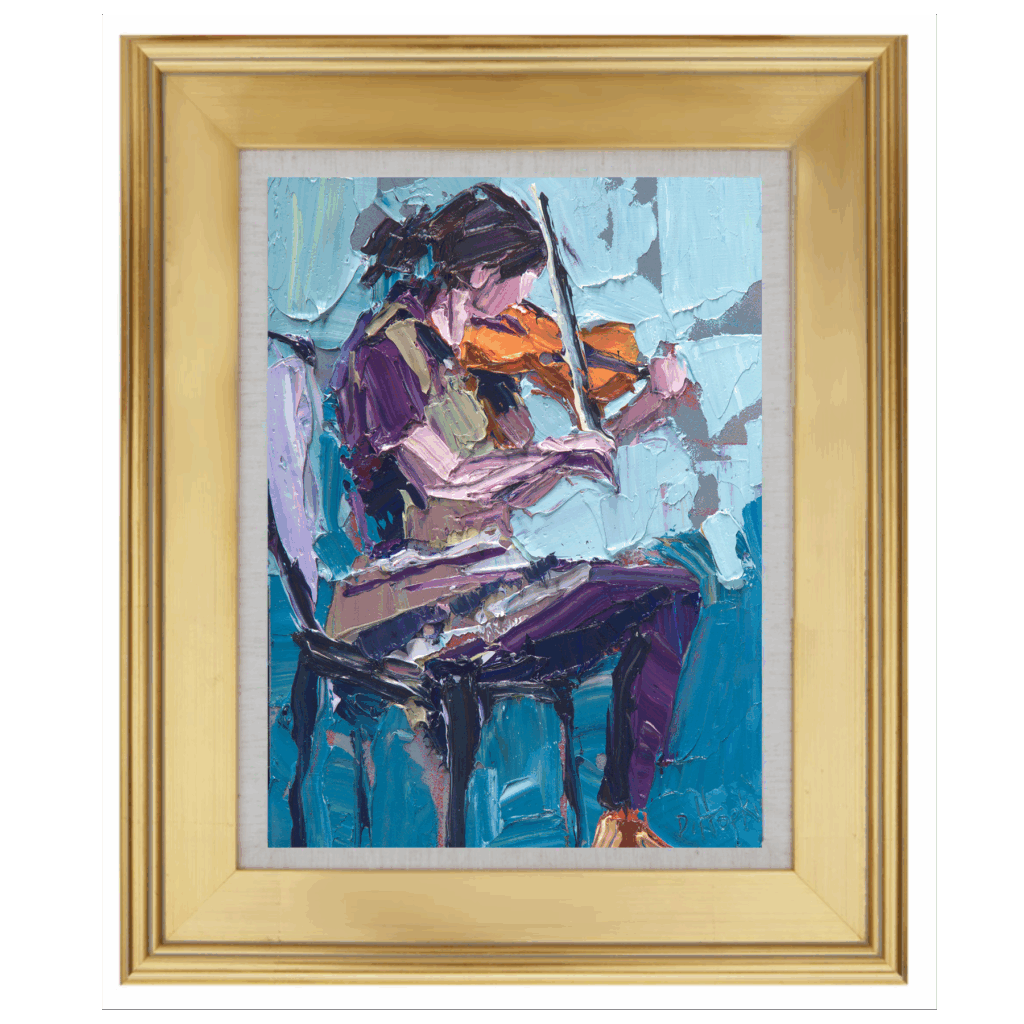 Original oil painting of a traveling violinist inspired by van life and live music, painted with thick palette knife texture
