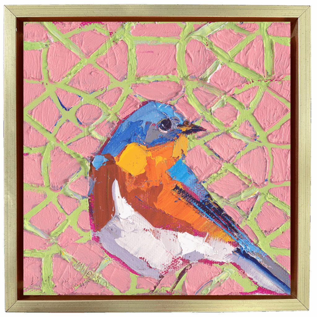 Original oil and acrylic bird painting with a patterned background