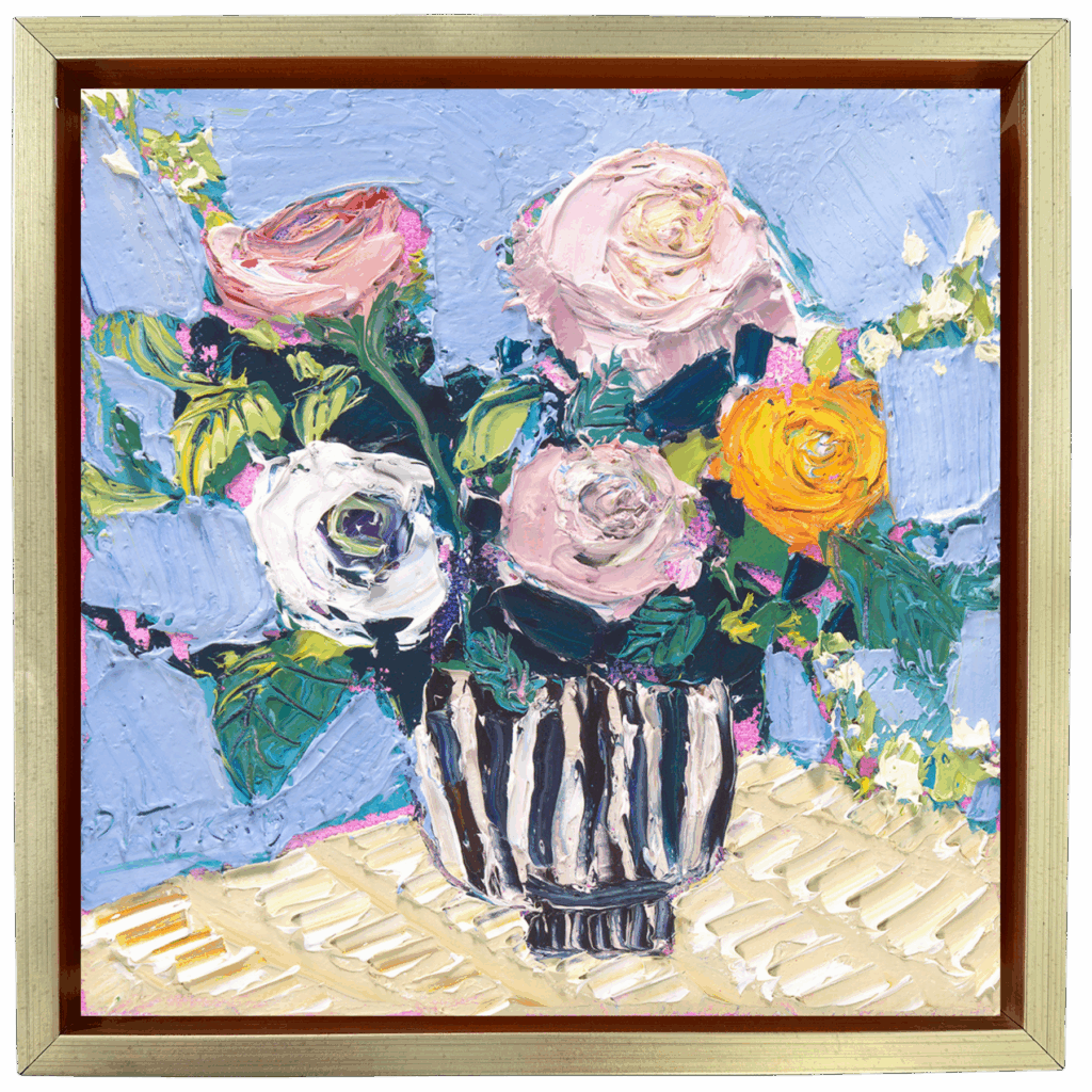 Expressive floral still life painting with pink, white, and yellow flowers in a black-and-white striped vase on a light blue background