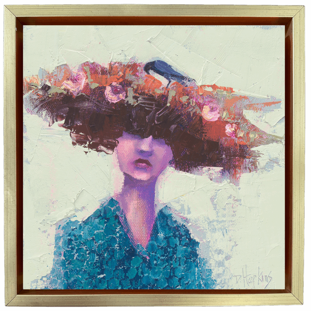 Expressionist portrait of a woman with floral crown with a raven, painted in textured layers of pinks, blues, and earth tones.
