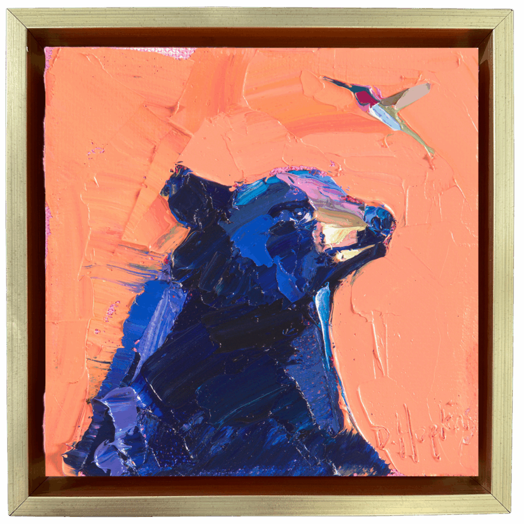 4x4 in palette knife oil painting of a black bear and a hummingbird on an orange background. Framed in gold floater frame.