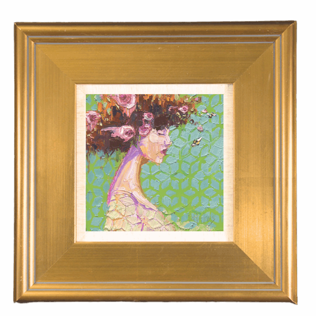 Impasto painting of a woman with closed eyes and flowers in her hair as bees hover nearby, painted in soft greens and pinks to evoke presence and calm.