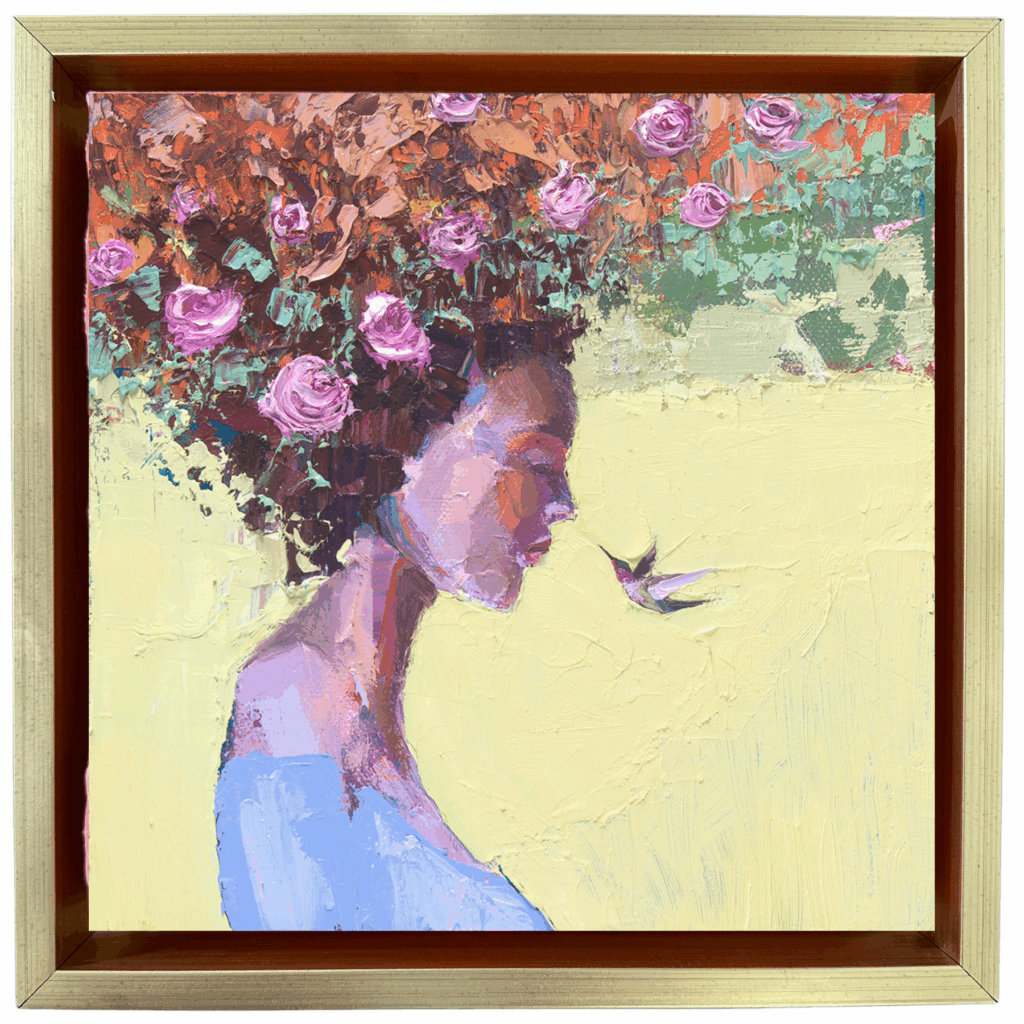 8x8 oil painting in a gold floater frame of a woman in profile with pink flowers growing in her hair and a hummingbird hovering near.