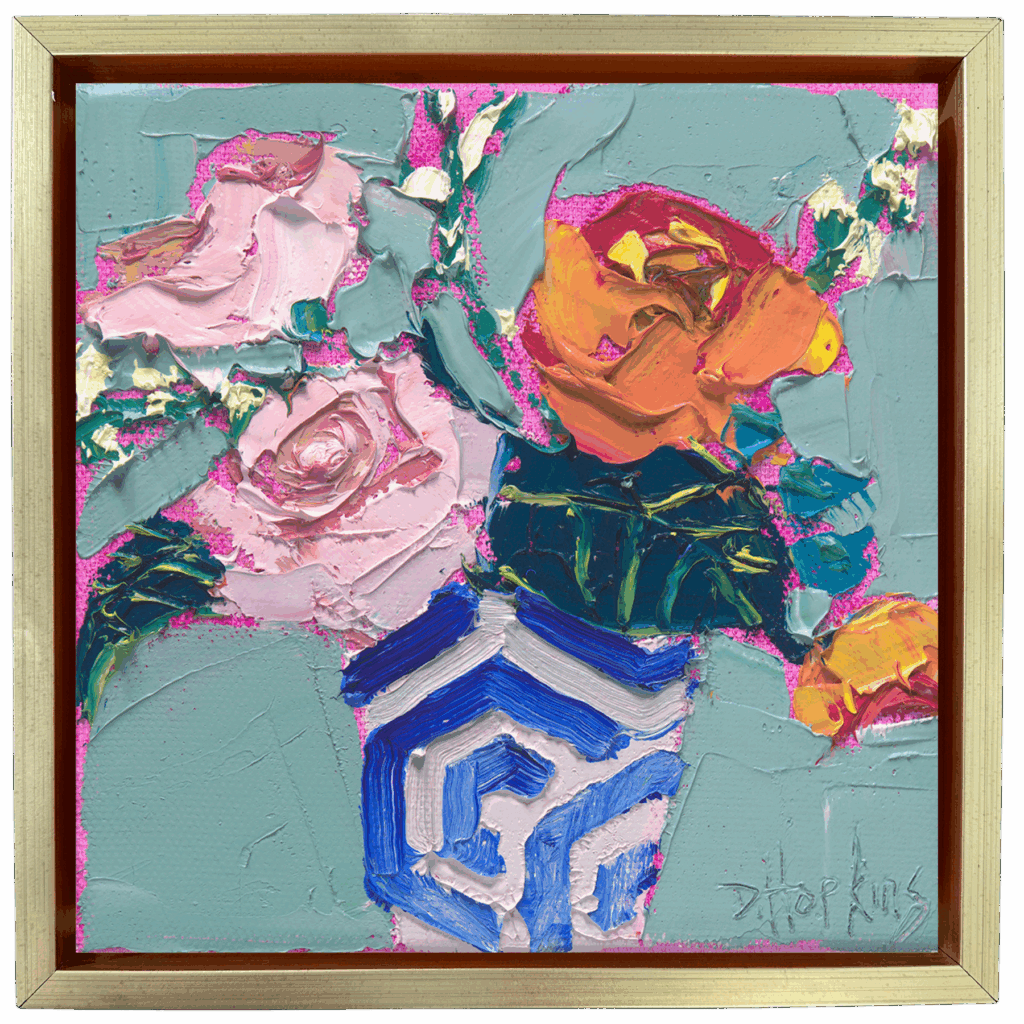 Original impasto floral still life painting of peonies in a blue and white vase by contemporary artist Denise Hopkins.