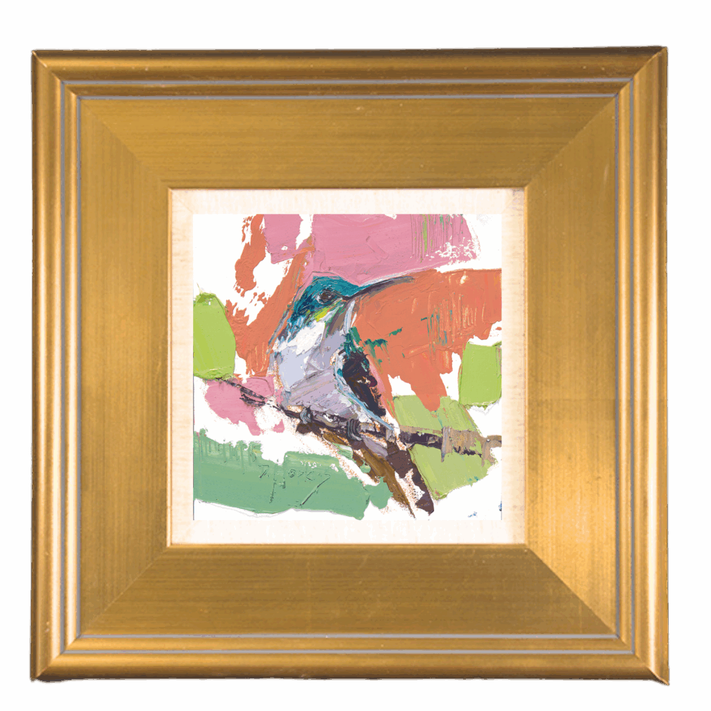 loose, abstracted palette knife oil painting of a hummingbird resting on a branch in a gold frame. Streaks of greens and oranges.