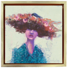 Expressionist portrait of a woman with floral crown with a raven, painted in textured layers of pinks, blues, and earth tones.