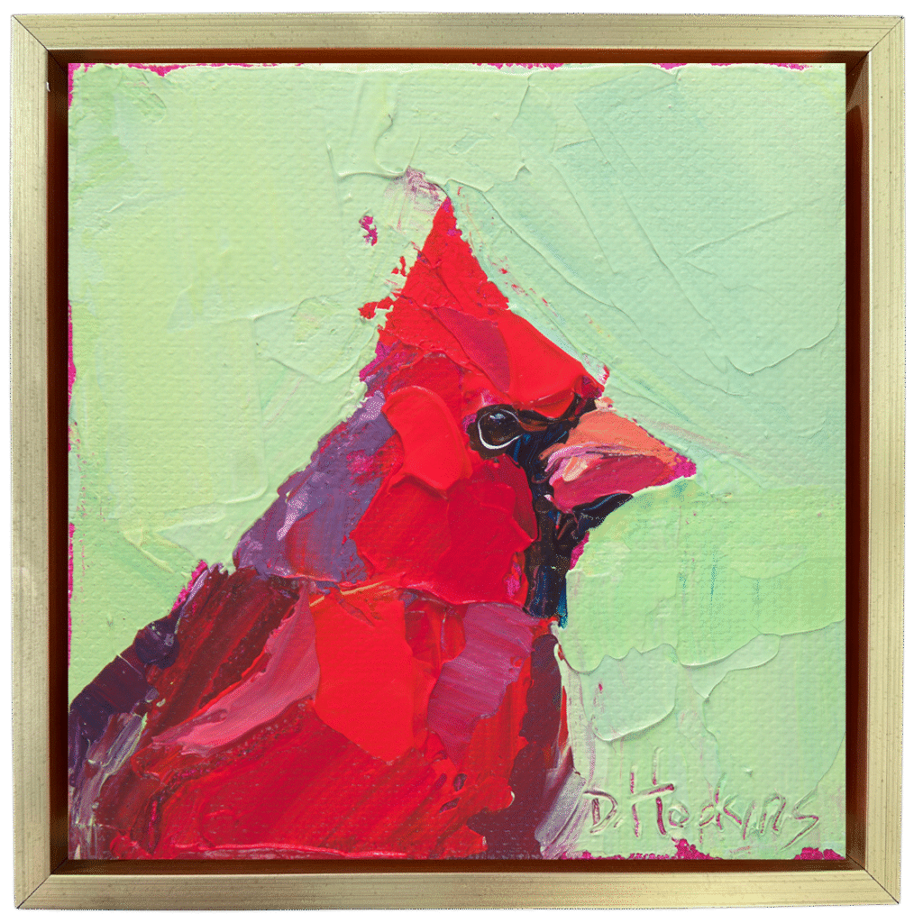 Textured acrylic cardinal bird painting made with a palette knife on a soft green background