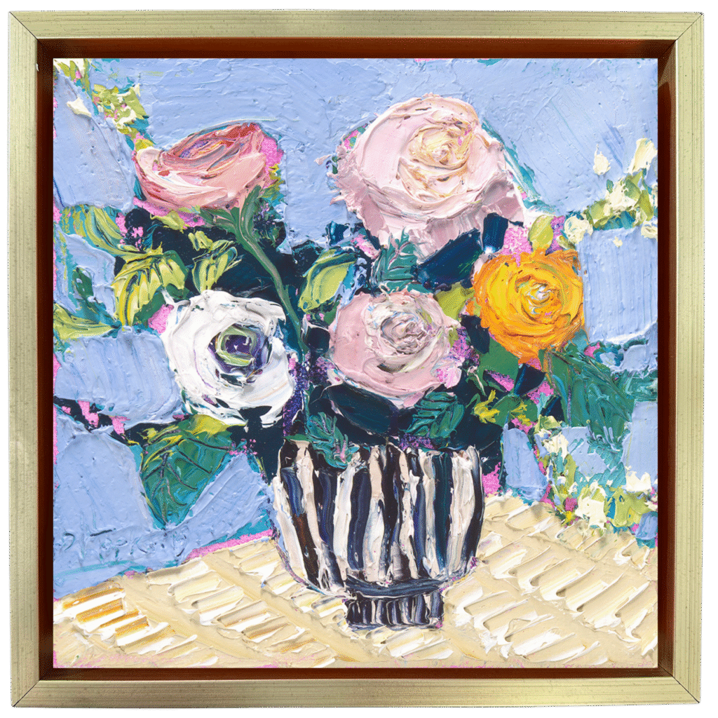 Expressive floral still life painting with pink, white, and yellow flowers in a black-and-white striped vase on a light blue background