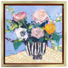 Expressive floral still life painting with pink, white, and yellow flowers in a black-and-white striped vase on a light blue background