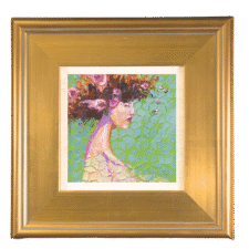 Impasto painting of a woman with closed eyes and flowers in her hair as bees hover nearby, painted in soft greens and pinks to evoke presence and calm.