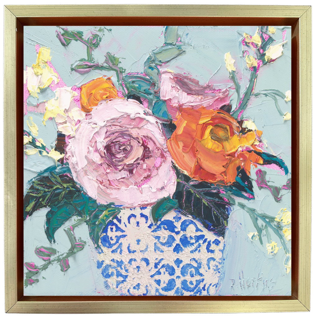 Impasto floral still life painting with pink and orange flowers in a blue patterned vase, created during a daily painting practice focused on showing up and staying present.