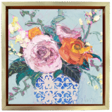 Impasto floral still life painting with pink and orange flowers in a blue patterned vase, created during a daily painting practice focused on showing up and staying present.