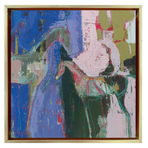 Abstract acrylic painting of a horse and rider with expressive blue, pink, and green gestural forms, symbolizing creativity, balance, and inner strength.