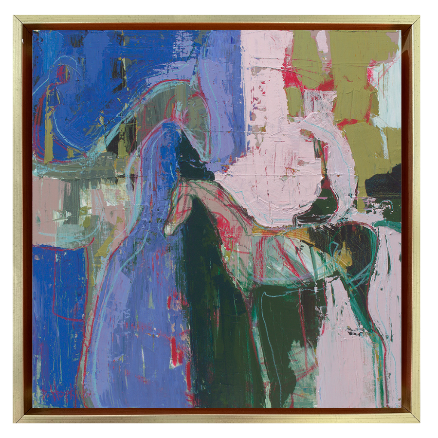 Abstract acrylic painting of a horse and rider with expressive blue, pink, and green gestural forms, symbolizing creativity, balance, and inner strength.