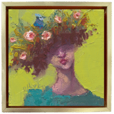 4x4 oil painting in a gold floater frame of a woman from the chest up with wild hair full of blossoming roses and a bluejay nesting among them. Lime green background.