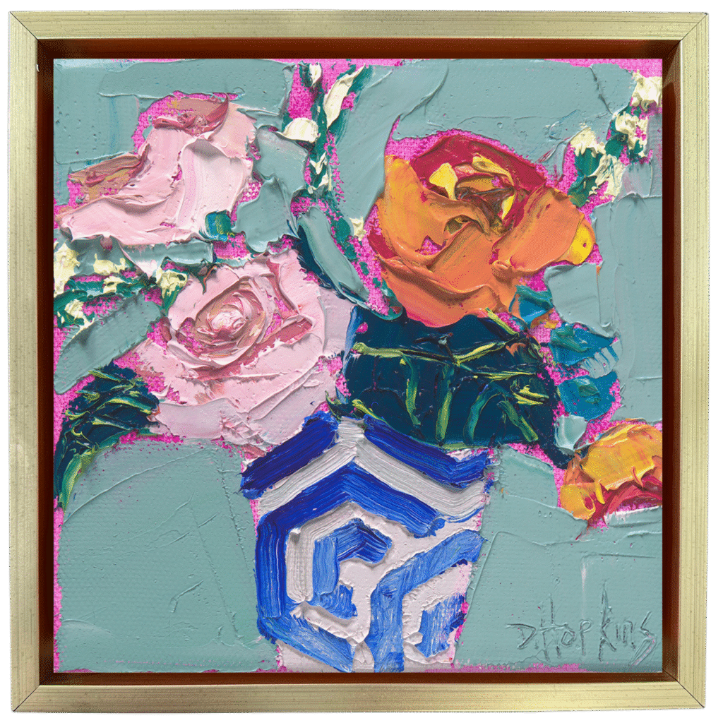 Original impasto floral still life painting of peonies in a blue and white vase by contemporary artist Denise Hopkins.