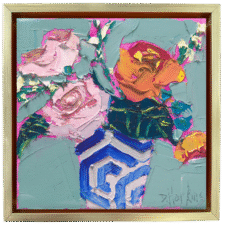 Original impasto floral still life painting of peonies in a blue and white vase by contemporary artist Denise Hopkins.