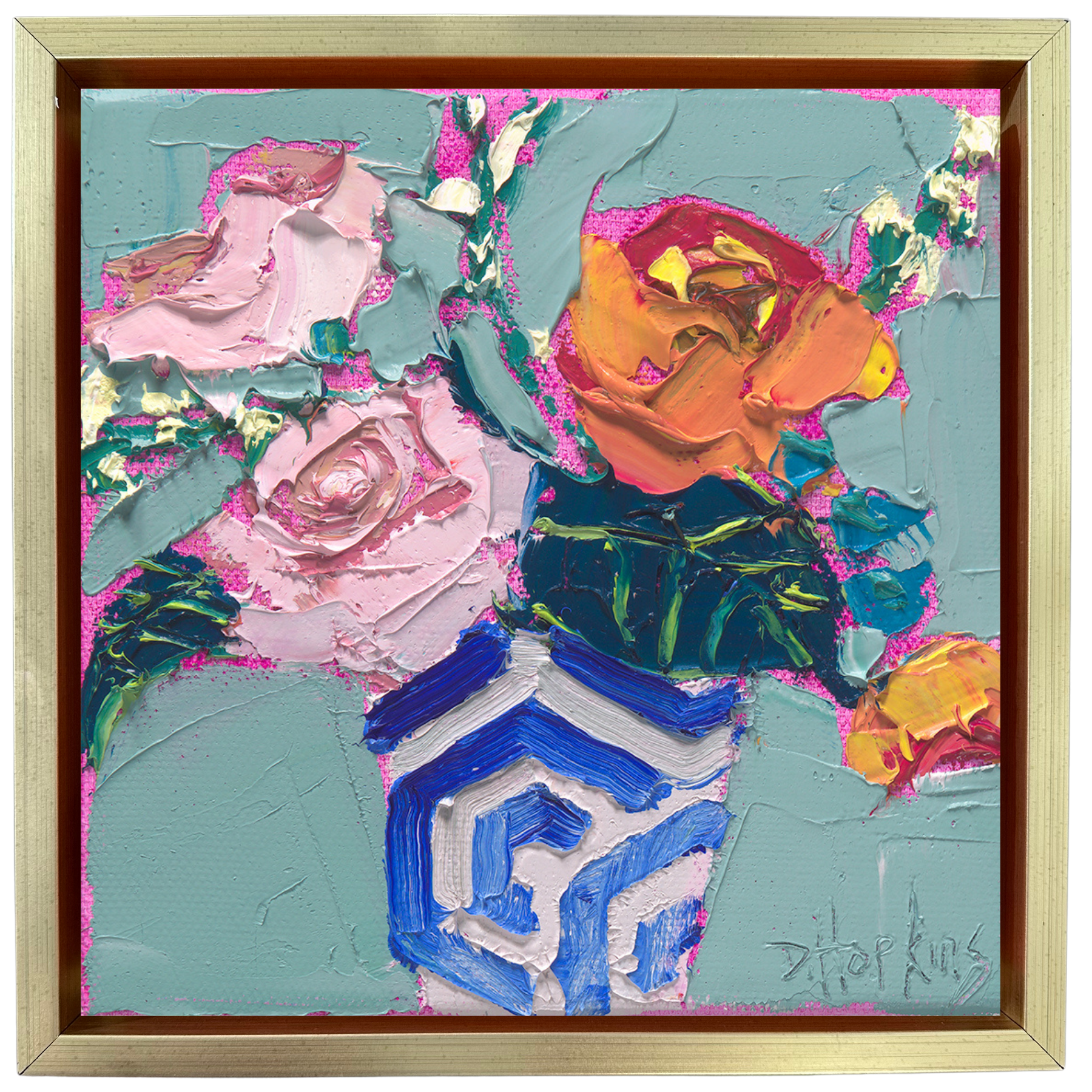 Original impasto floral still life painting of peonies in a blue and white vase by contemporary artist Denise Hopkins.