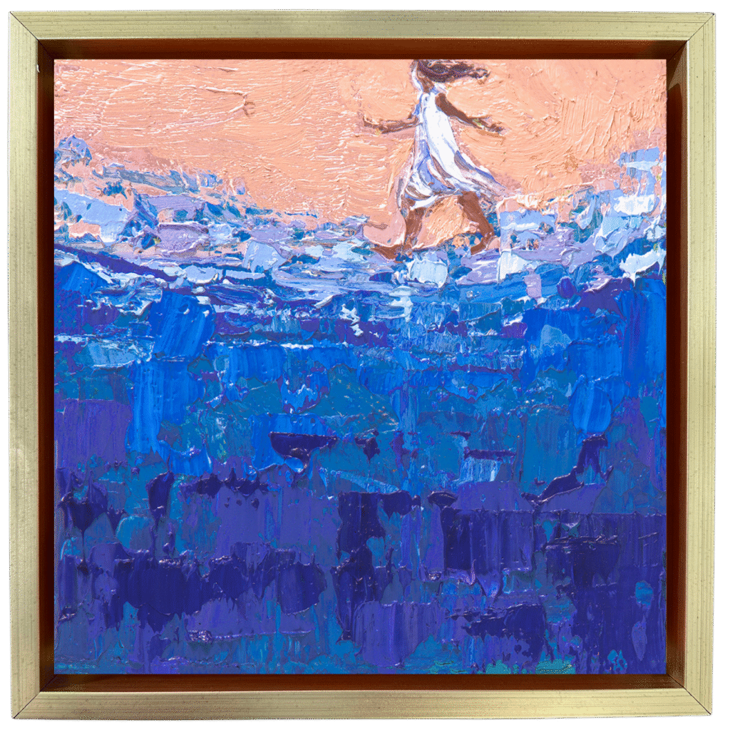 4x4 in palette knife oil painting of a female figure walking on water.