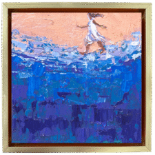 4x4 in palette knife oil painting of a female figure walking on water.