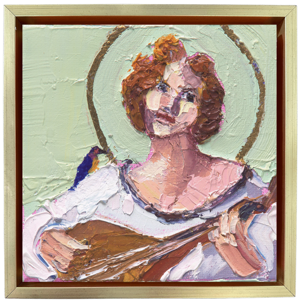 4x4 oil painting of St. Cecilia playing a lute with a blue starling on her shoulder.