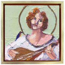 4x4 oil painting of St. Cecilia playing a lute with a blue starling on her shoulder.