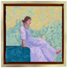 Oil painting with vibrant textures of a woman sitting on a ledge looking at a yellow bird resting on her knee