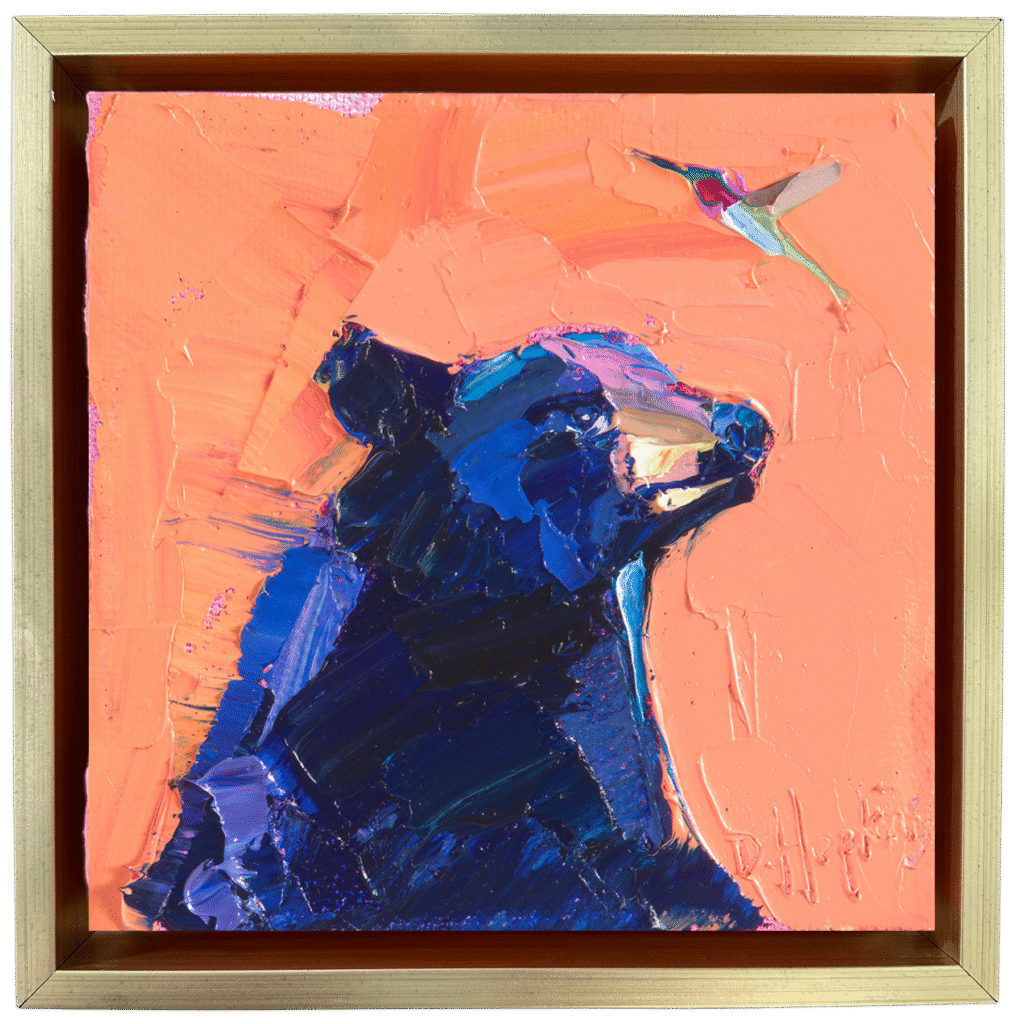4x4 in palette knife oil painting of a black bear and a hummingbird on an orange background. Framed in gold floater frame.