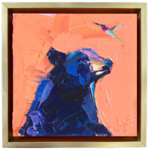 4x4 in palette knife oil painting of a black bear and a hummingbird on an orange background. Framed in gold floater frame.