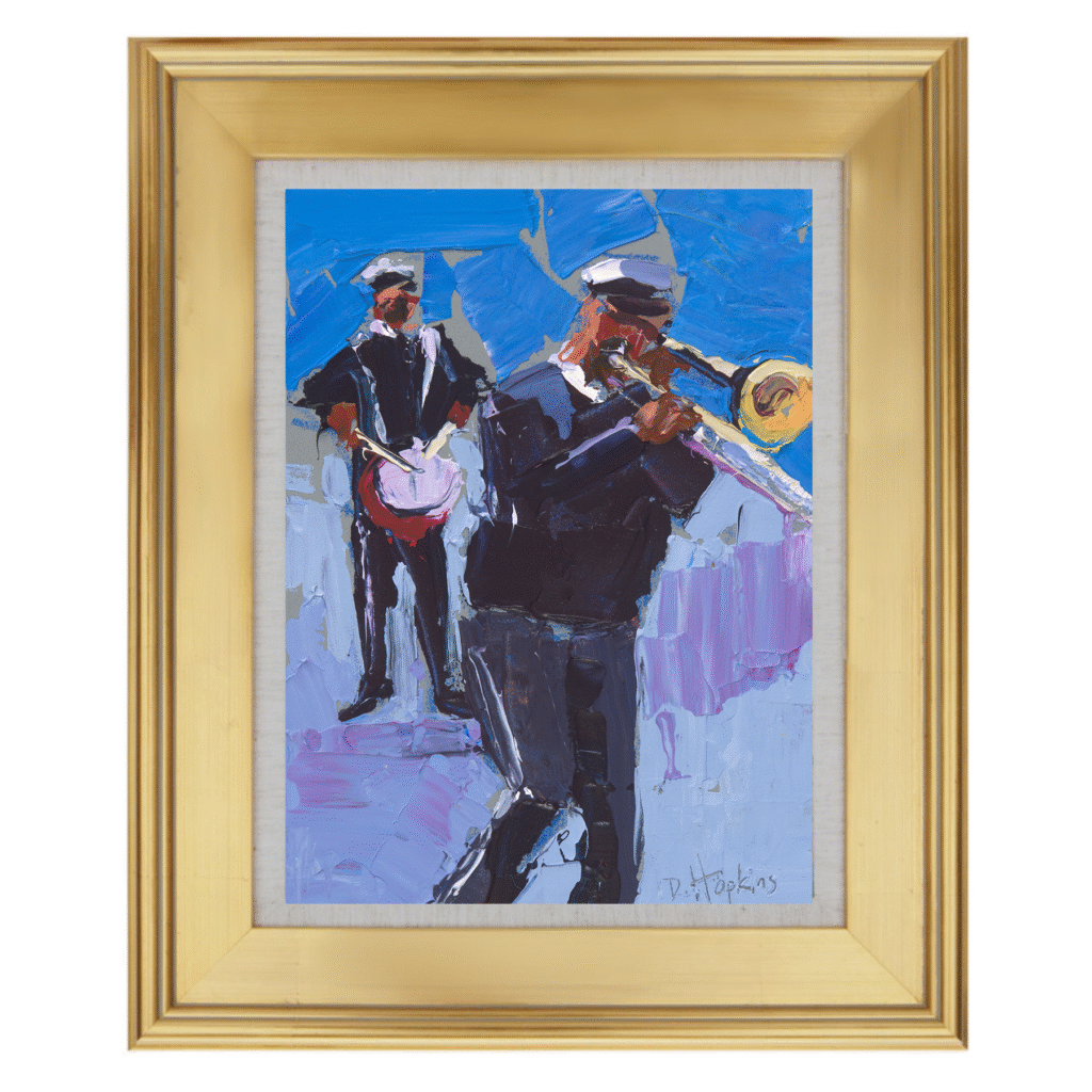Impressionist painting of two jazz musicians playing trombone and drum, painted with loose, expressive brushstrokes in blue and violet tones.