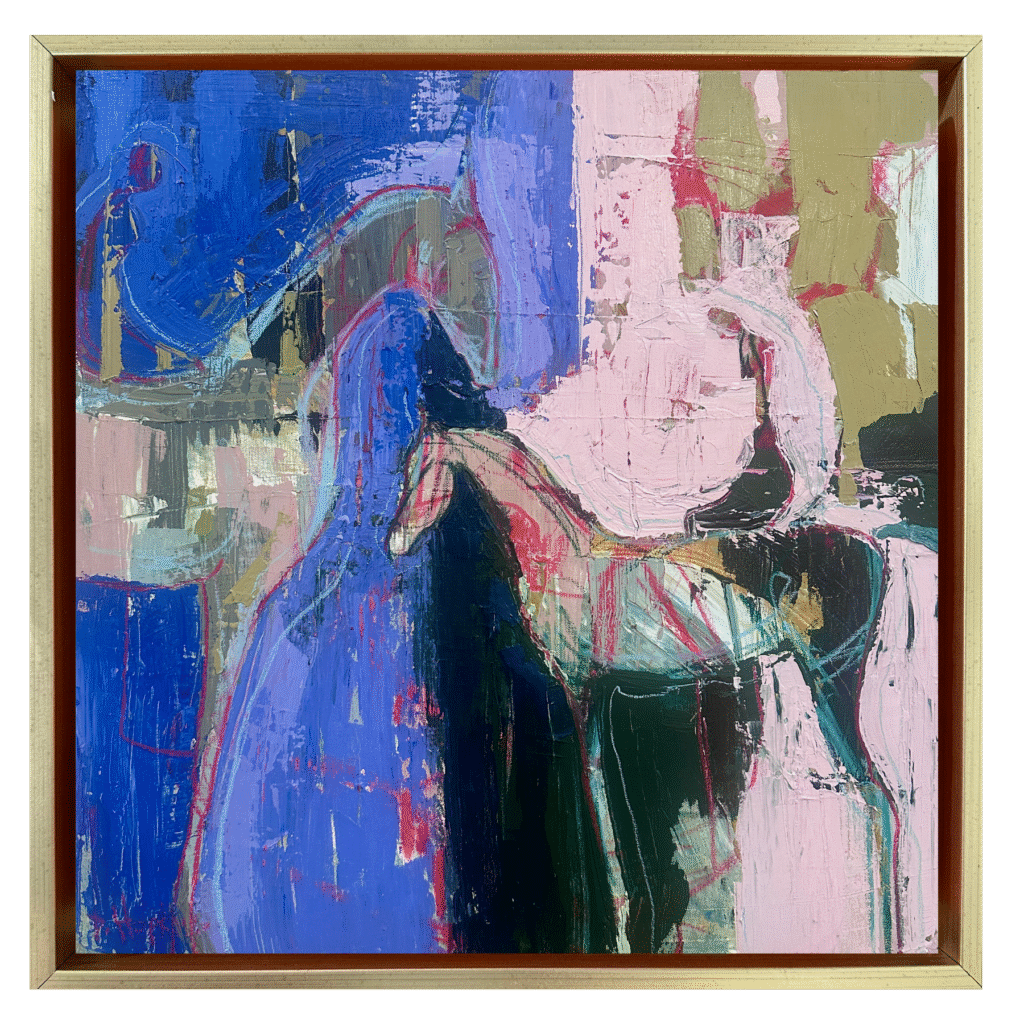 Abstract acrylic painting of a horse and rider with expressive blue, pink, and green gestural forms, symbolizing creativity, balance, and inner strength.
