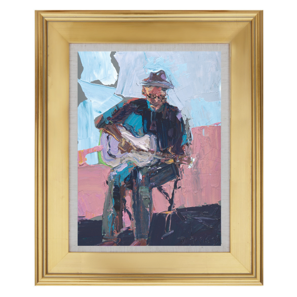 Original figurative painting of a blues musician holding a guitar, painted in expressive oil and acrylic during a daily painting practice.