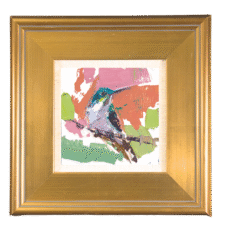 loose, abstracted palette knife oil painting of a hummingbird resting on a branch in a gold frame. Streaks of greens and oranges.