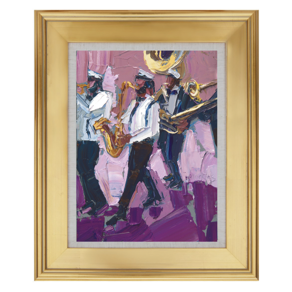 Expressive oil painting of musicians rendered with thick texture and loose brushwork, inspired by music and the sensory experience of oil paint.