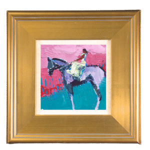 On a High Horse, original 6x6 acrylic horse painting showing a rider perched high above the ground, painted in expressive pinks, teals, and layered texture.
