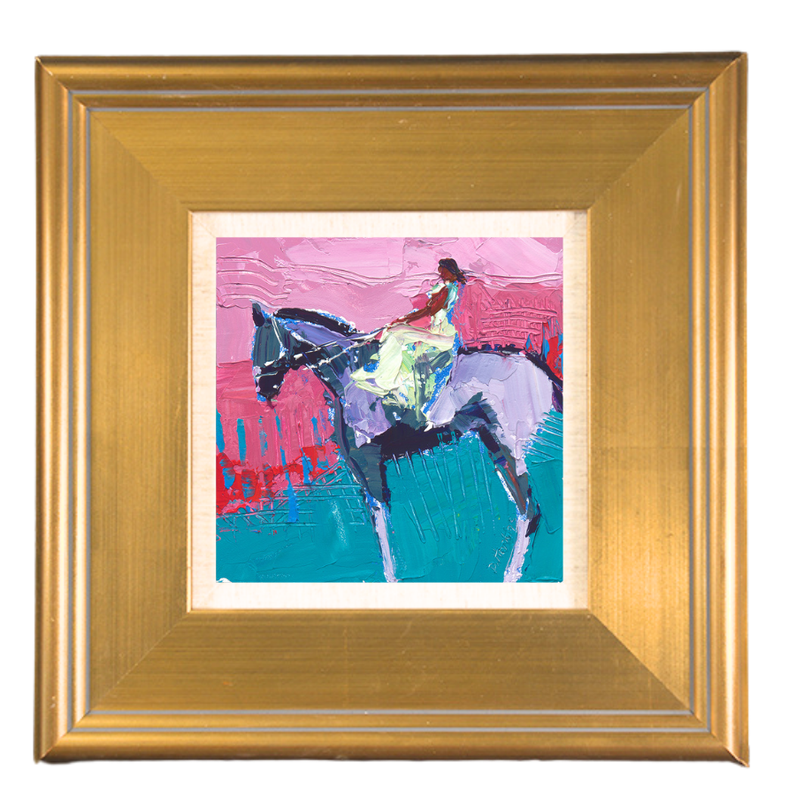 On a High Horse, original 6x6 acrylic horse painting showing a rider perched high above the ground, painted in expressive pinks, teals, and layered texture.